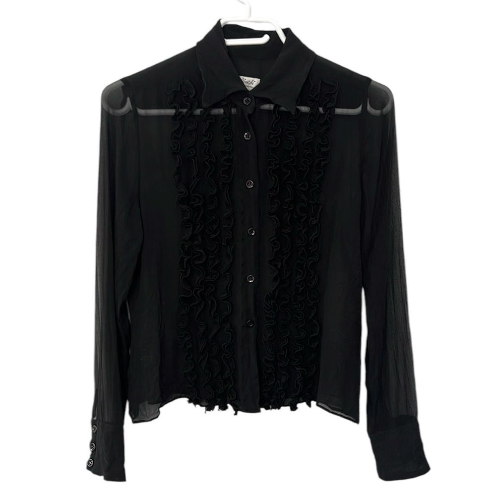 Jean Airoldi Sheer Blouse Shirt Long Sleeve Ruffles Black Women’s Size 10